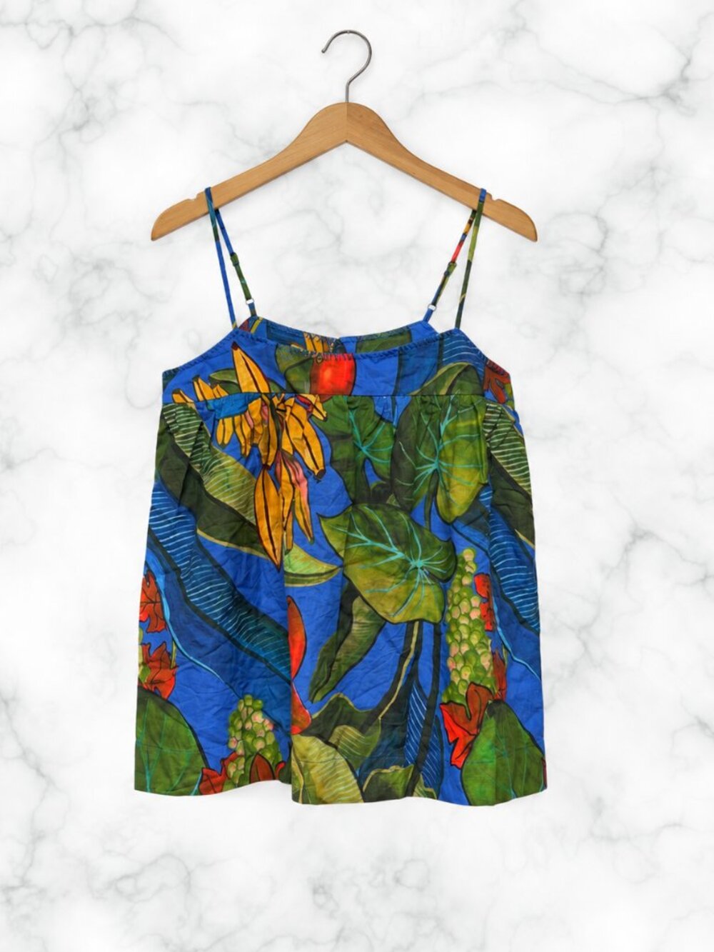 NWT Farm Rio Banana Grapes Tropical Print Linen Cami Top Blue Size M